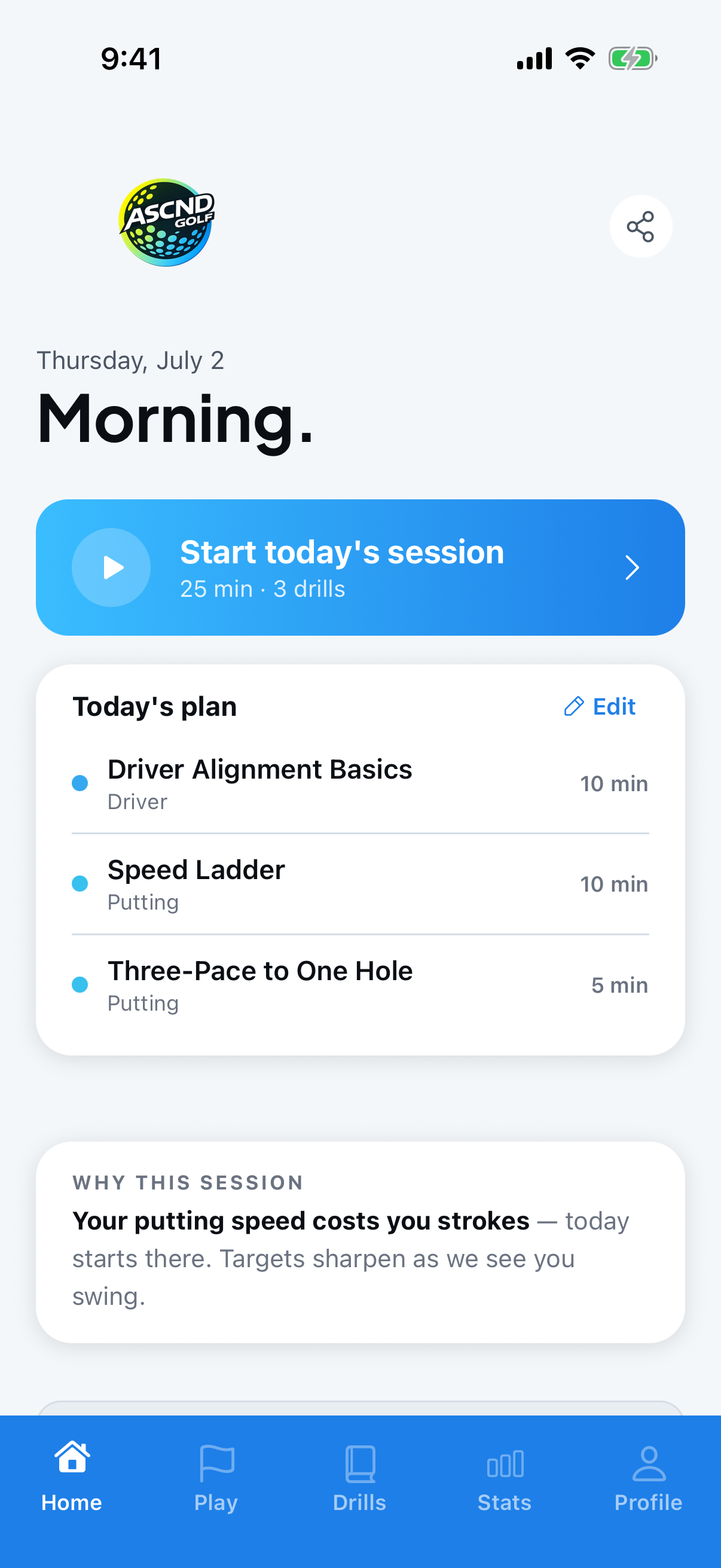 ASCND Golf app — today's plan, live
